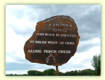 Rock with Frank James name - Jesse James Theme Park, Good Thunder, Minnesota